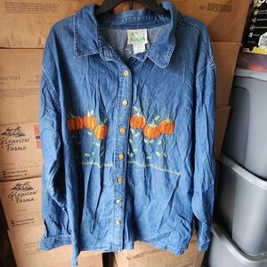 Quacker Factory Long Sleeve Denim Shirt Embroidered Seed Bead Pumpkin Patch EUC